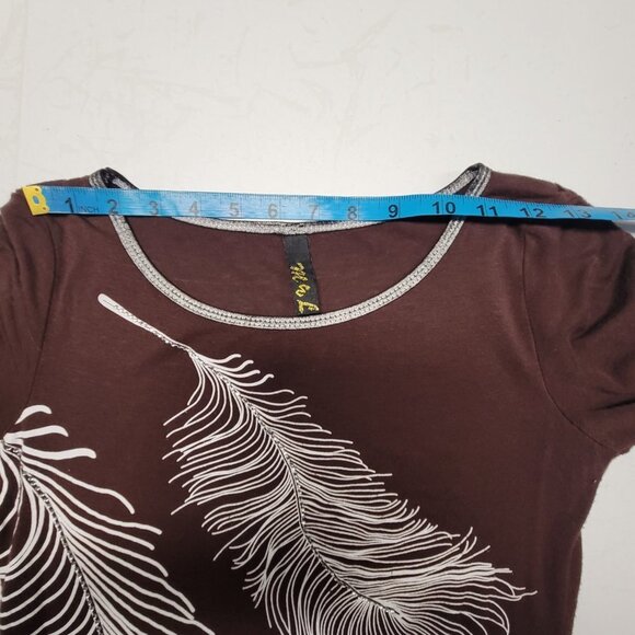 Long Sleeve Brown Mini Dress Tunic Top  Sequin Embellished White Feather Motif - Picture 6 of 7